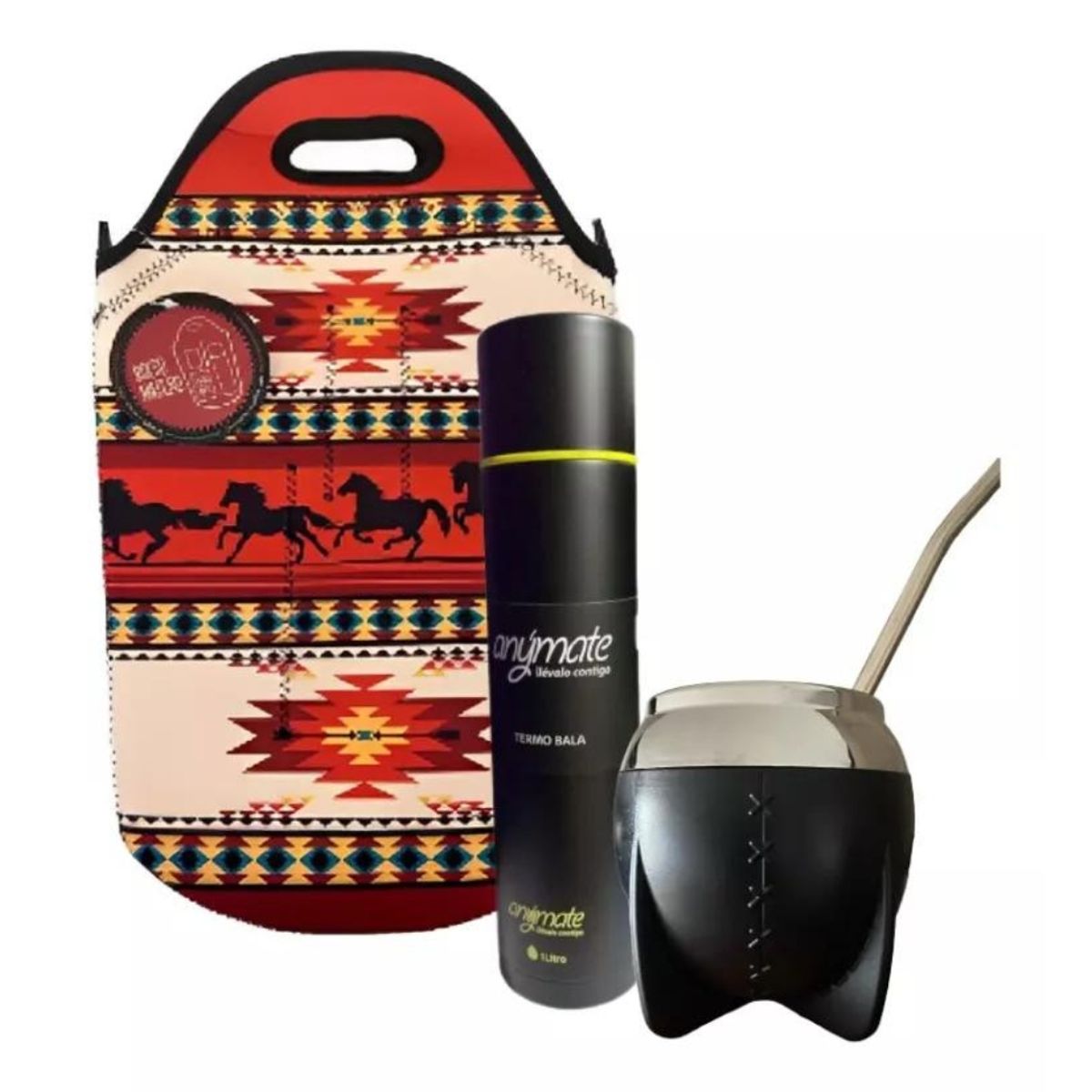GENERICO - Kit para Mate (Bolso Caballos+ Termo 500 Ml Negro+ Mate Negro)