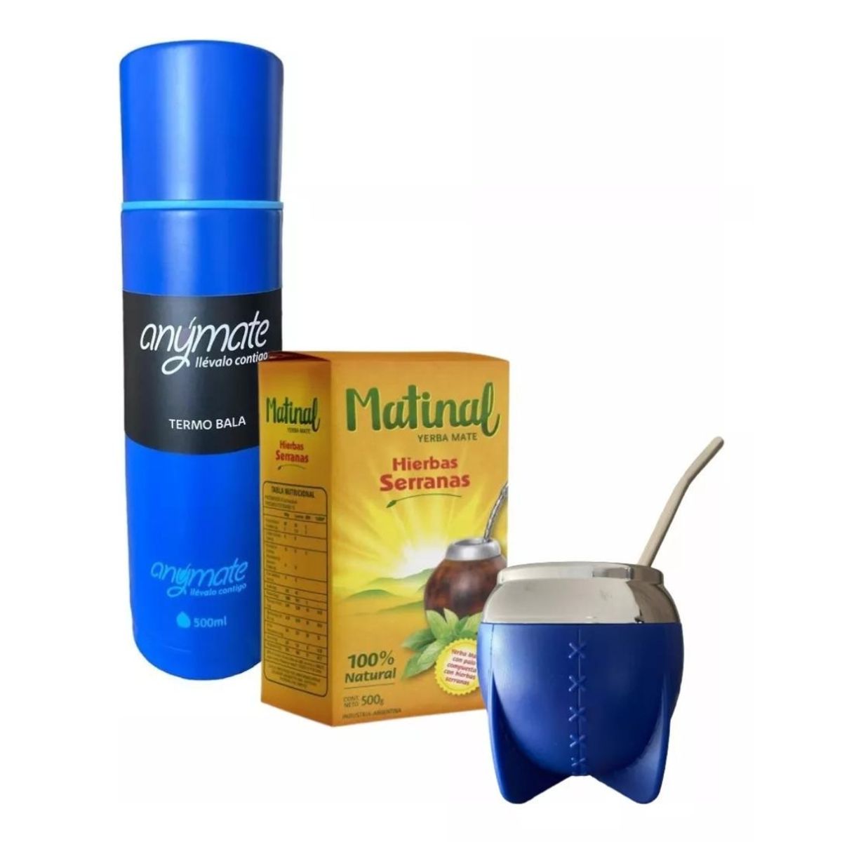 GENERICO - Kit para Mate (Yerba+ Termo 500 Ml Azul+ Mate Azul)