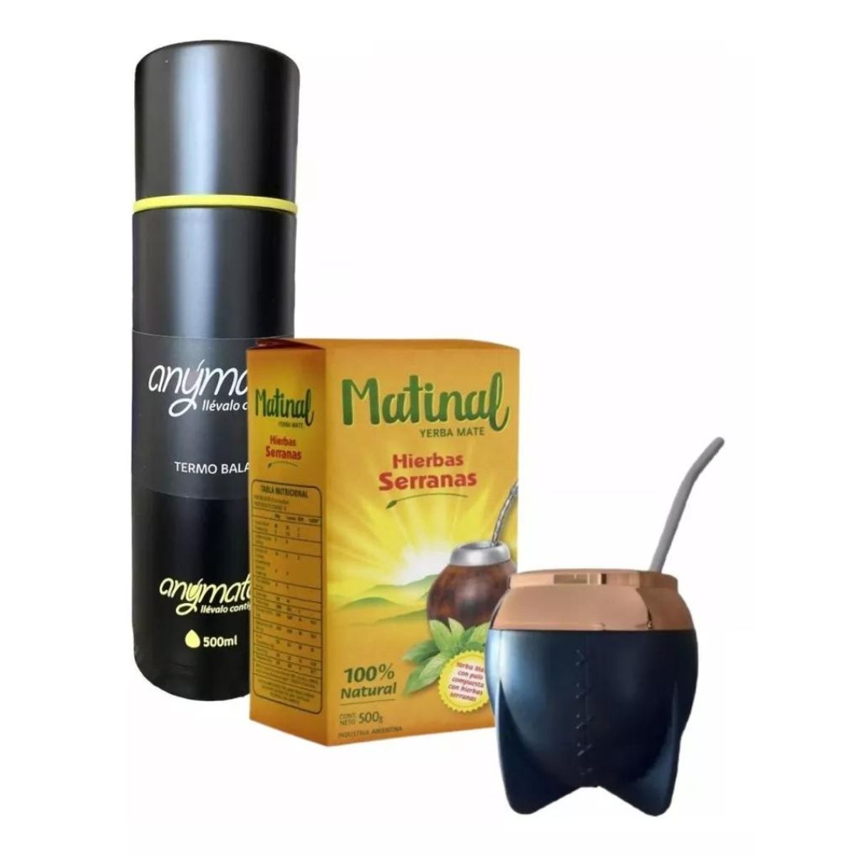 GENERICO - Kit para Mate (Yerba+ Termo 500 Ml Negro + Mate Negro + Bombilla)
