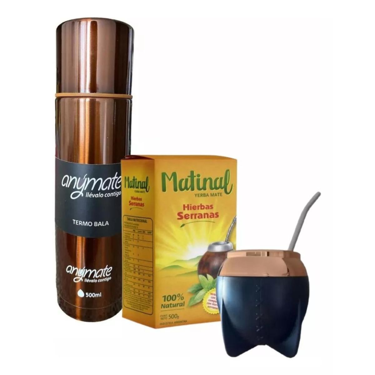 GENERICO - Kit para Mate (Yerba+ Termo 500 Ml Cobre + Mate Negro + Bombilla)