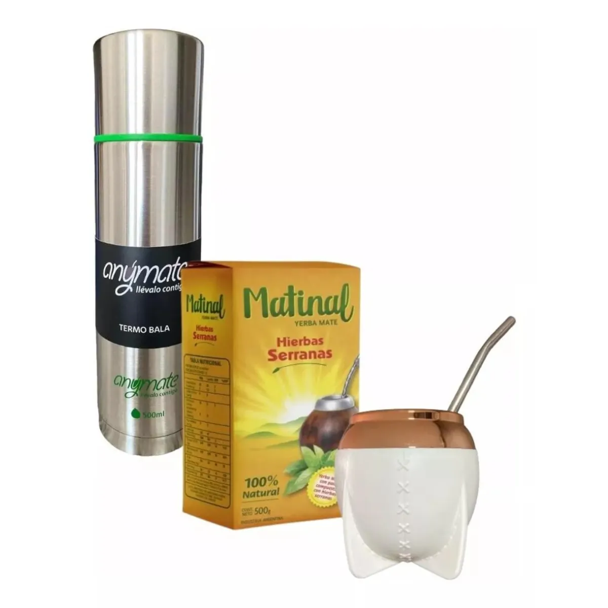 GENERICO - Kit para Mate (Yerba+ Termo 500 Ml Plata + Mate Blanco + Bombilla)