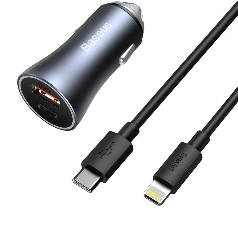 BASEUS - Cargador Rápido Auto Baseus Dual USB + USB-C Lightning 1 m 40W Gris