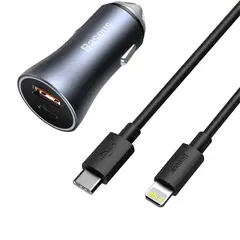 BASEUS - Cargador Rápido Auto Dual USB + USB-C Lightning 1 m 40W Gris