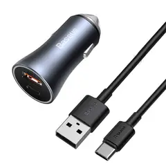 BASEUS - Cargador Rápido Auto Dual USB + USB-C Tipo C 1 m 40W Gris