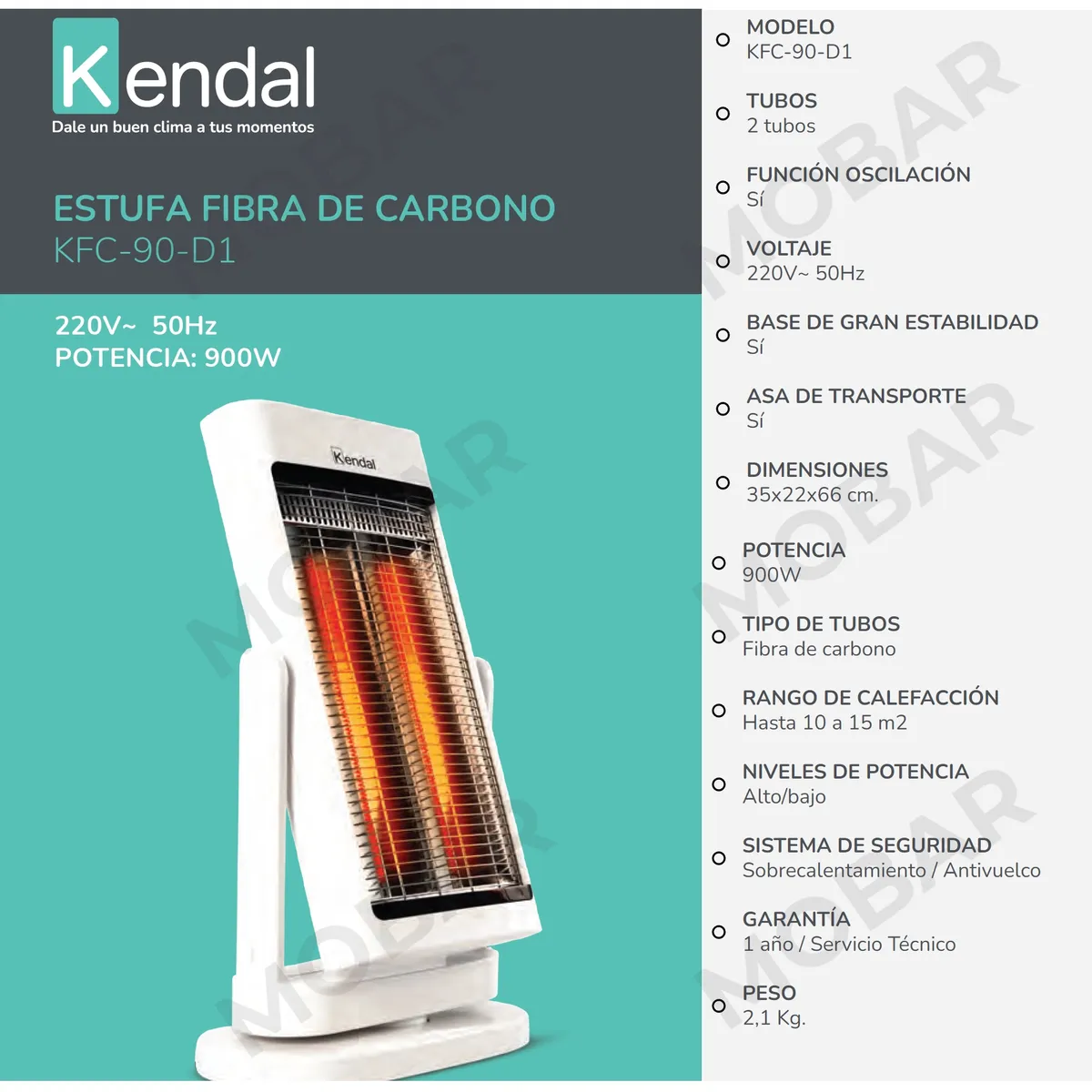KENDAL - Calefactor Electrico Estufa Fibra Carbono Bajo Consumo Kendal Kfc-90d1