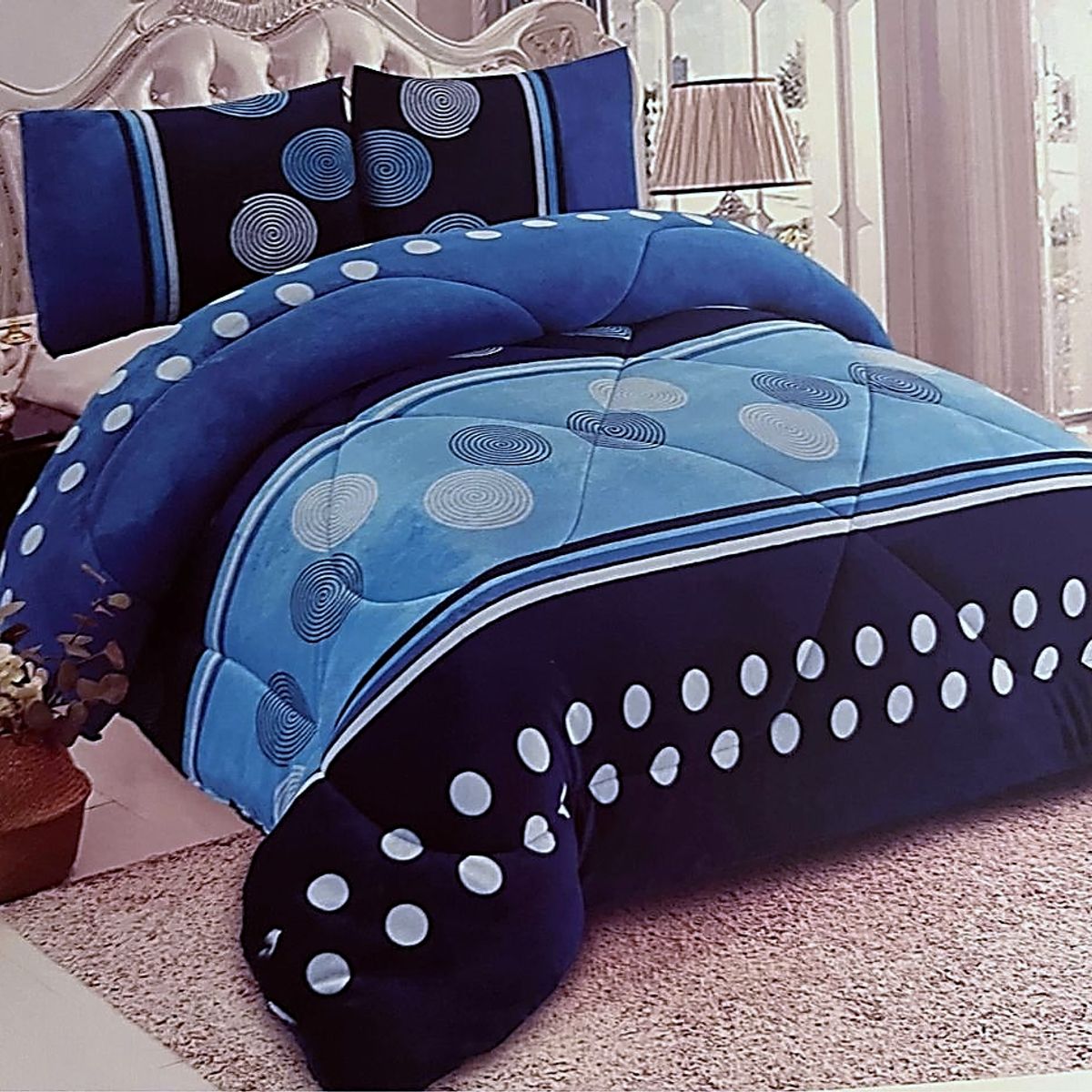 DIANA - COBERTOR AZUL DIANA DISEÑO CIRCULO AZUL PLUSH  CON CHIPORRO 2 PLAZA