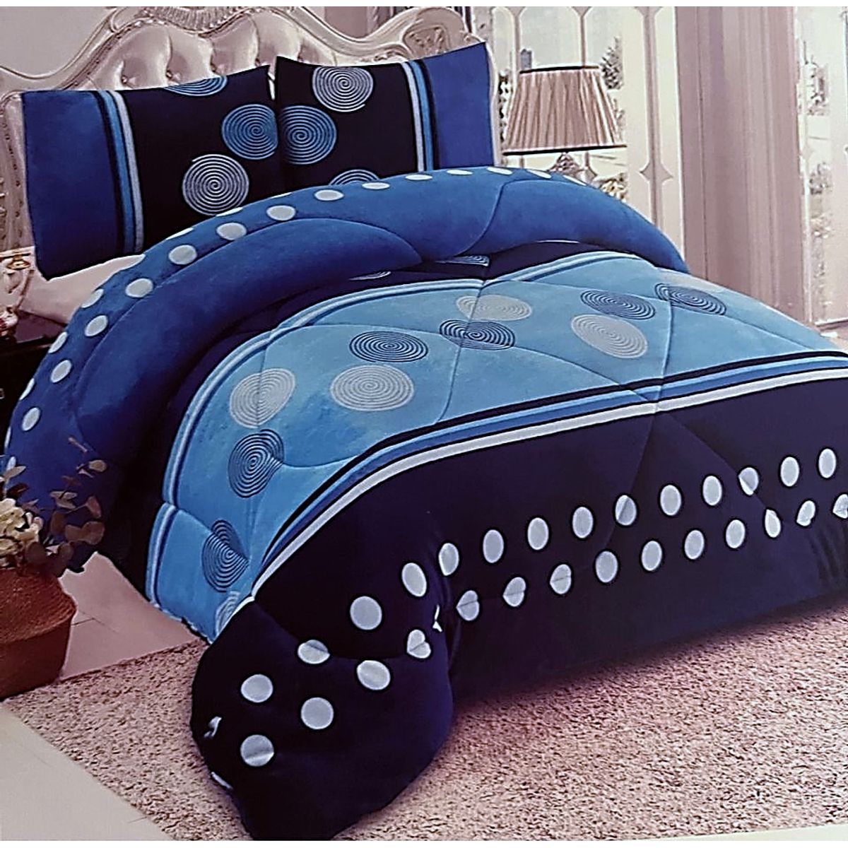 DIANA - COBERTOR AZUL DIANA DISEÑO CIRCULO AZUL PLUSH  CON CHIPORRO 2 PLAZA