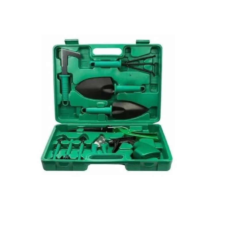 GENERICO - Kit Herramientas Jardinería Acero Rastrillo Tijera Podar Verde Caja