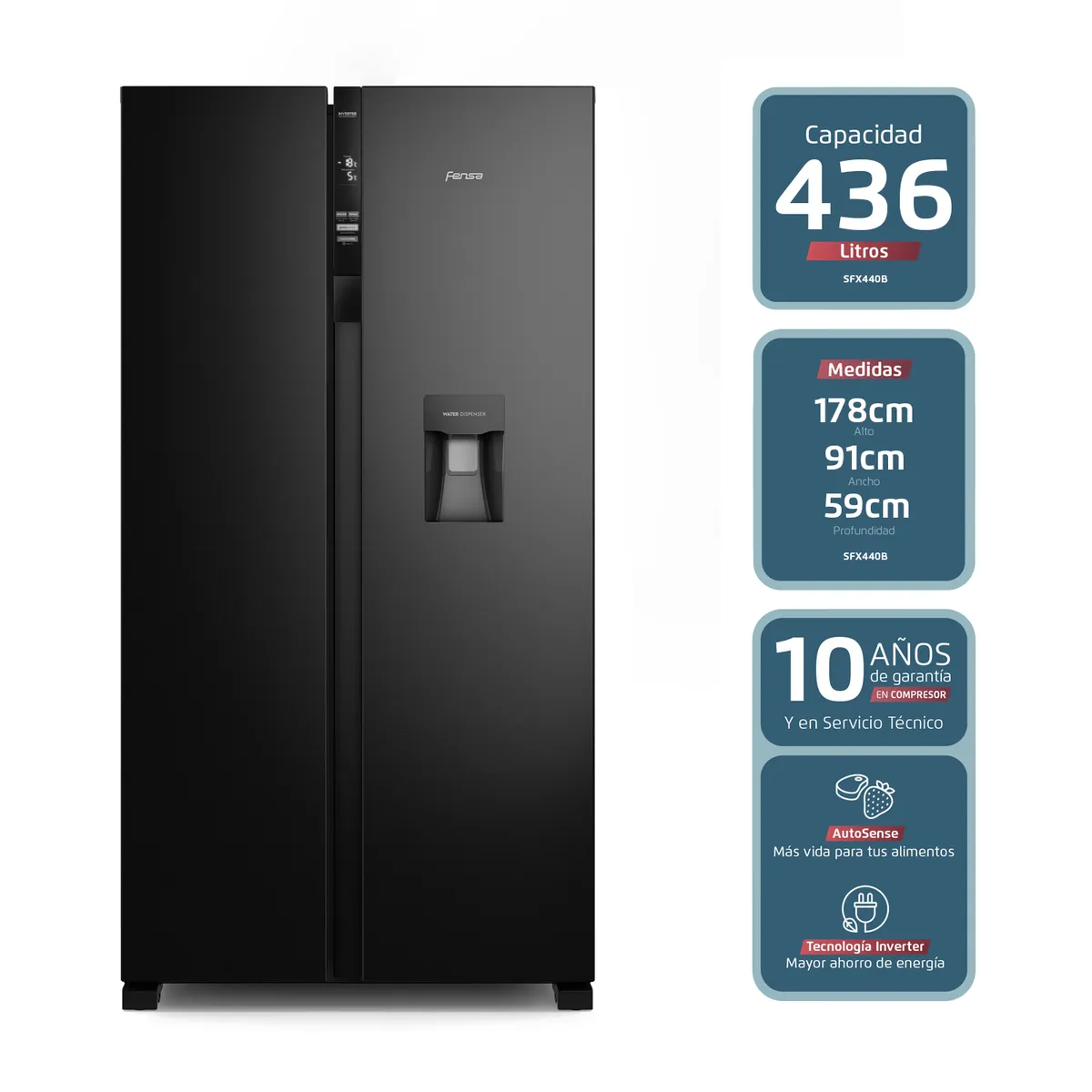 FENSA - Refrigerador Fensa 436L No Frost Side By Side Inverter Dispensador de Agua SFX440B Negro