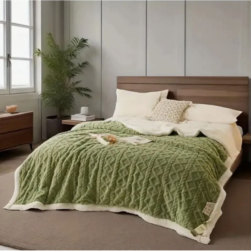 GENERICO - Frazada Manta Polar Sherpa térmica 1.5 Plazas trenzado Relieve Verde