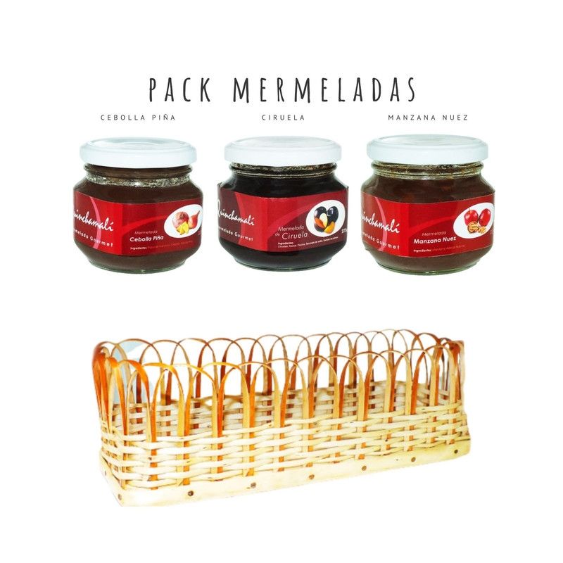 QUINCHAMALI MERMELADA GOURMET - Pack Cebolla piña Ciruela Manzana nuez en cesta de mimbre