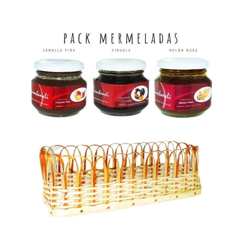 QUINCHAMALI MERMELADA GOURMET - Pack Cebolla piña Ciruela Melón nuez en cesta de mimbre