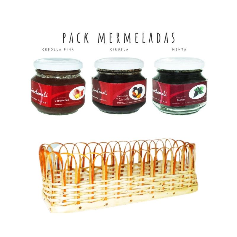 QUINCHAMALI MERMELADA GOURMET - Pack Cebolla piña Ciruela Menta en cesta de mimbre