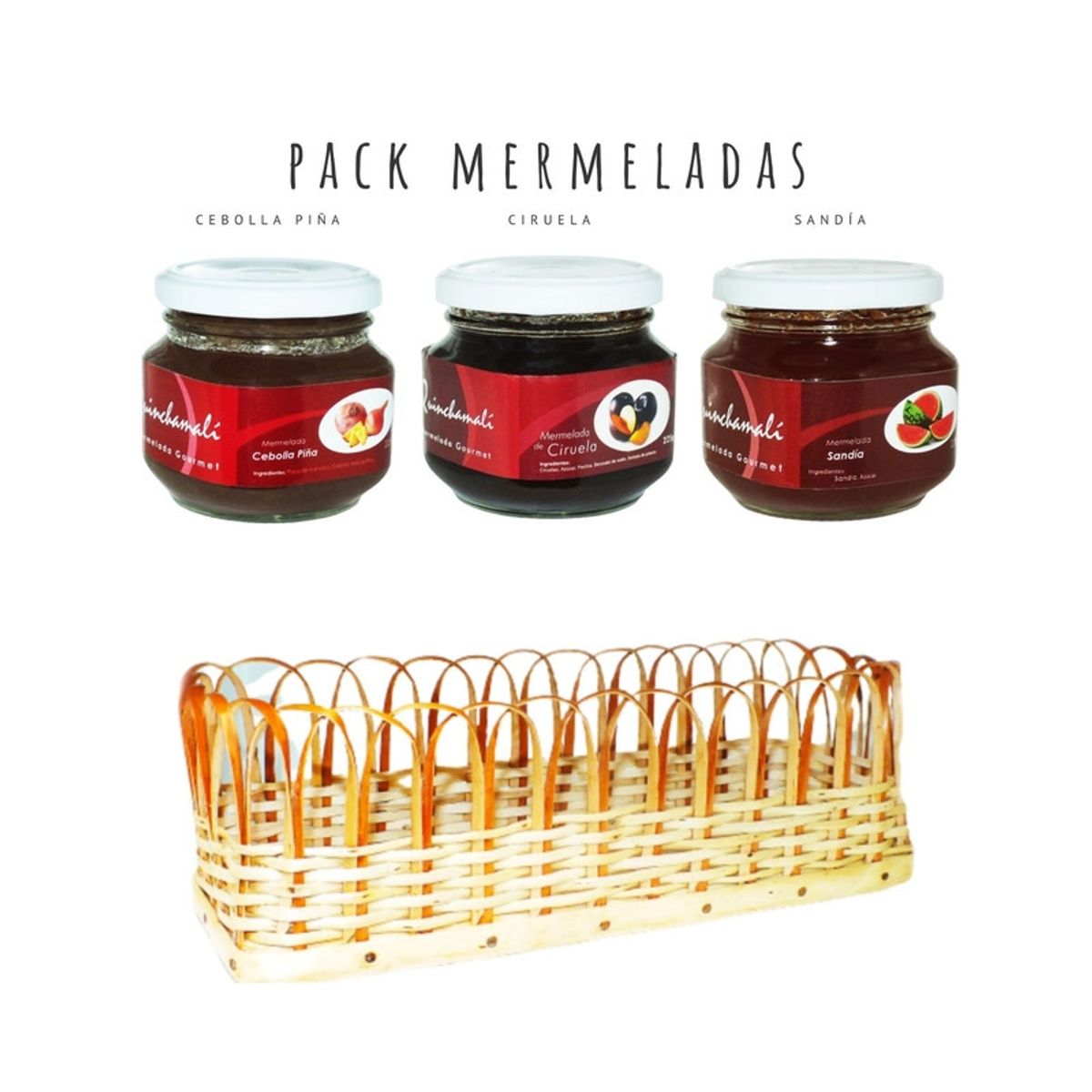 QUINCHAMALI MERMELADA GOURMET - Pack Cebolla piña Ciruela Sandía en cesta de mimbre