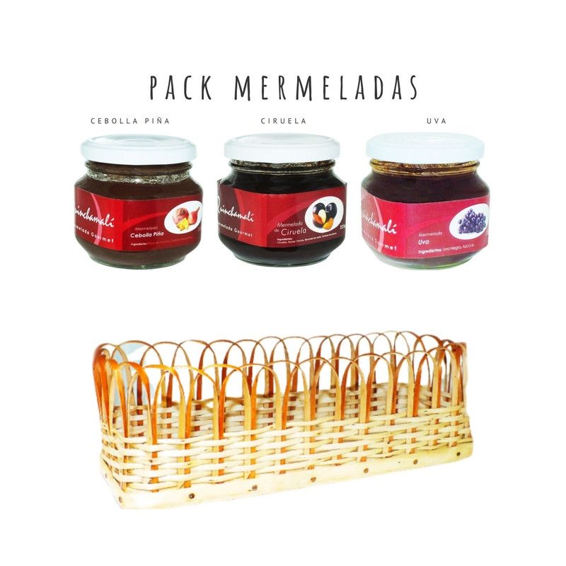 QUINCHAMALI MERMELADA GOURMET - Pack Cebolla piña Ciruela Uva en cesta de mimbre