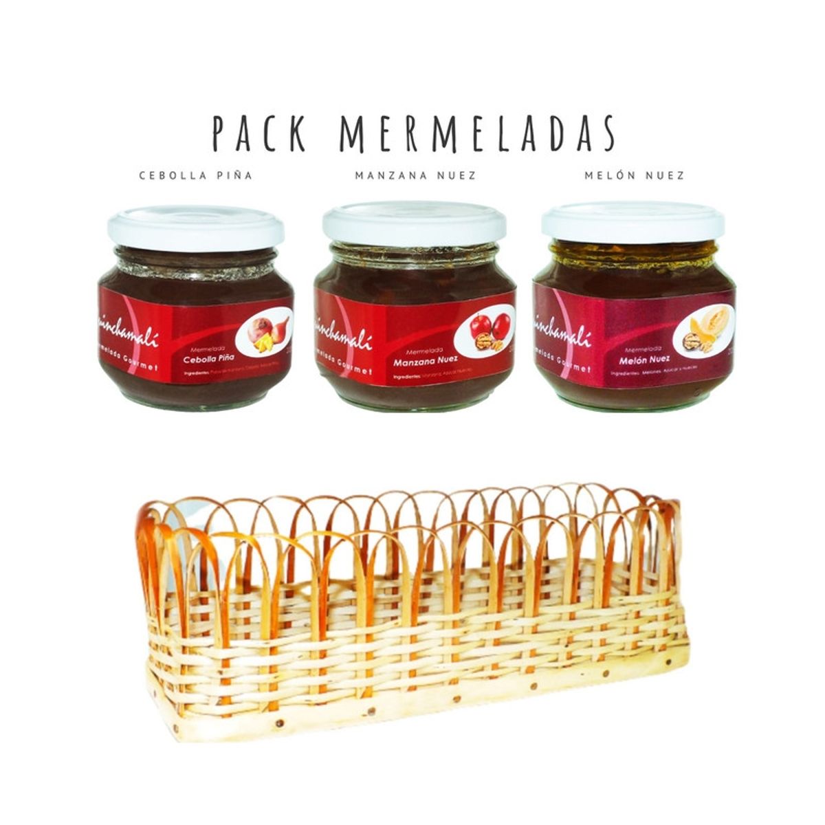 QUINCHAMALI MERMELADA GOURMET - Pack Cebolla piña Manzana nuez Melón nuez en cesta de mimbre