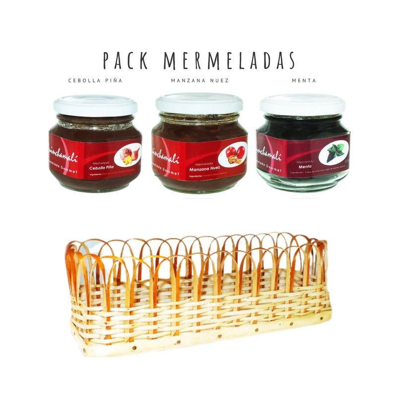QUINCHAMALI MERMELADA GOURMET - Pack Cebolla piña Manzana nuez Menta en cesta de mimbre