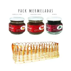 QUINCHAMALI MERMELADA GOURMET - Pack Cebolla piña Manzana nuez Menta en cesta de mimbre