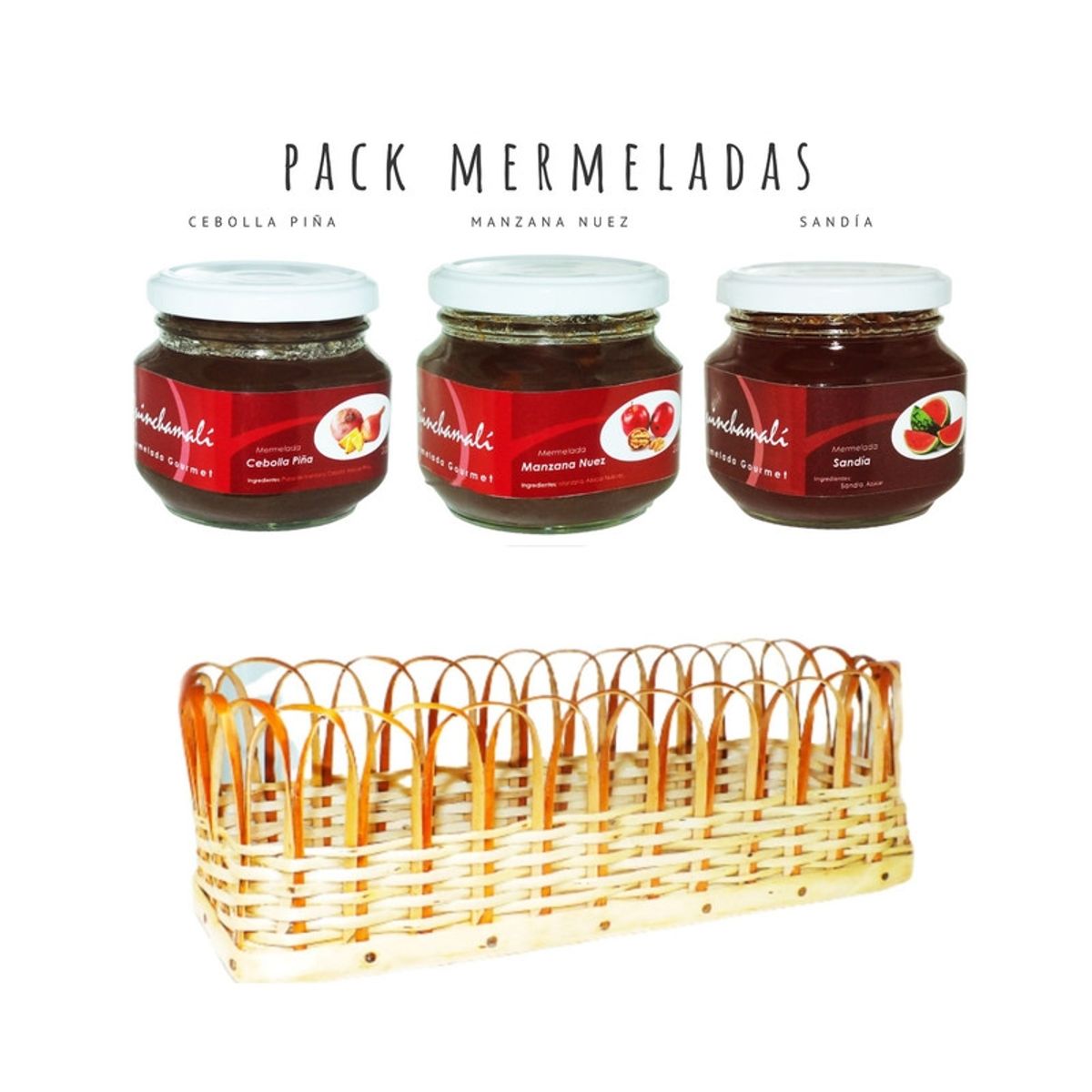 QUINCHAMALI MERMELADA GOURMET - Pack Cebolla piña Manzana nuez Sandía en cesta de mimbre