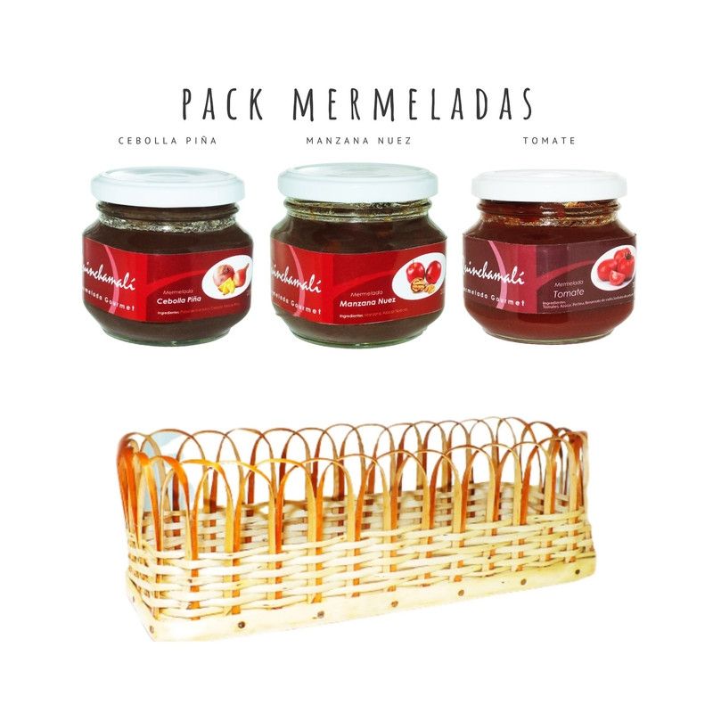 QUINCHAMALI MERMELADA GOURMET - Pack Cebolla piña Manzana nuez Tomate en cesta de mimbre