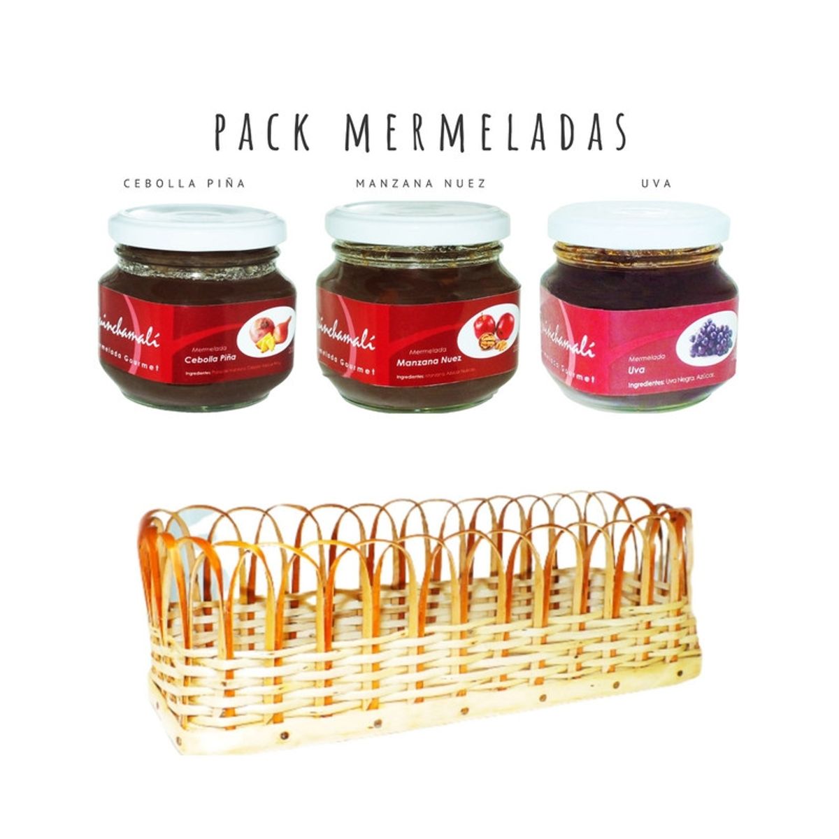 QUINCHAMALI MERMELADA GOURMET - Pack Cebolla piña Manzana nuez Uva en cesta de mimbre