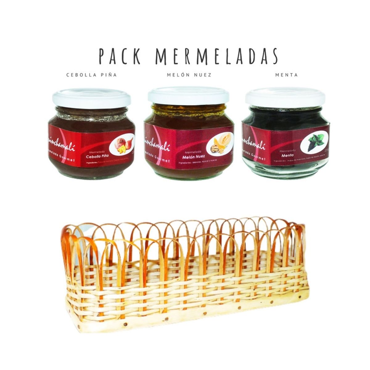 QUINCHAMALI MERMELADA GOURMET - Pack Cebolla piña Melón nuez Menta en cesta de mimbre