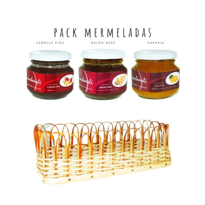 QUINCHAMALI MERMELADA GOURMET - Pack Cebolla piña Melón nuez Naranja en cesta de mimbre
