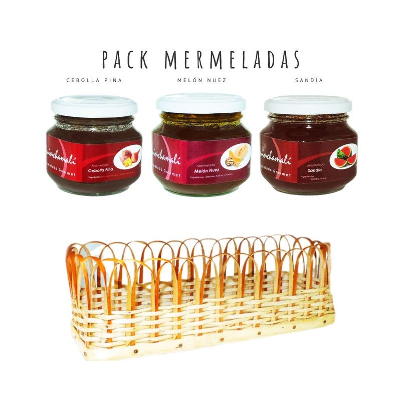 QUINCHAMALI MERMELADA GOURMET - Pack Cebolla piña Melón nuez Sandía en cesta de mimbre