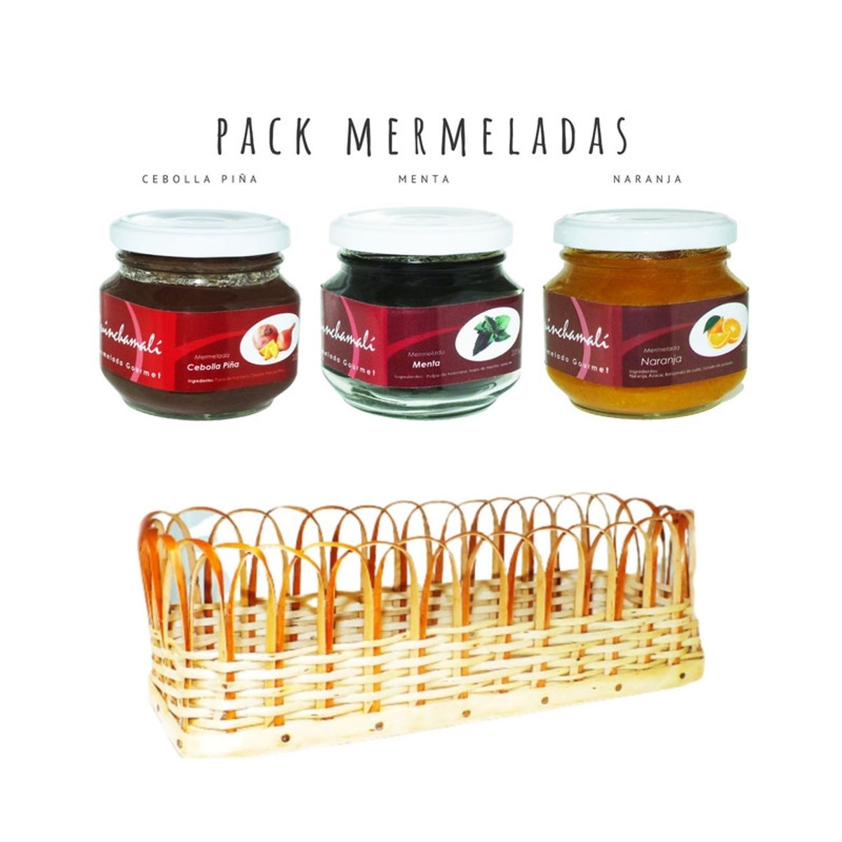 QUINCHAMALI MERMELADA GOURMET - Pack Cebolla piña Menta Naranja en cesta de mimbre