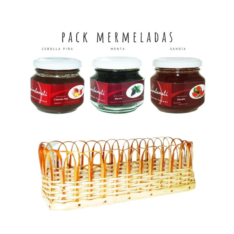 QUINCHAMALI MERMELADA GOURMET - Pack Cebolla piña Menta Sandía en cesta de mimbre