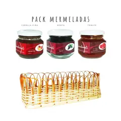 QUINCHAMALI MERMELADA GOURMET - Pack Cebolla piña Menta Tomate en cesta de mimbre