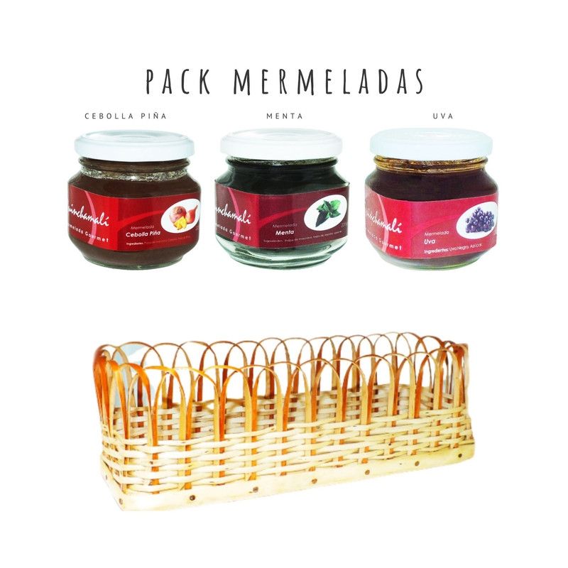 QUINCHAMALI MERMELADA GOURMET - Pack Cebolla piña Menta Uva en cesta de mimbre