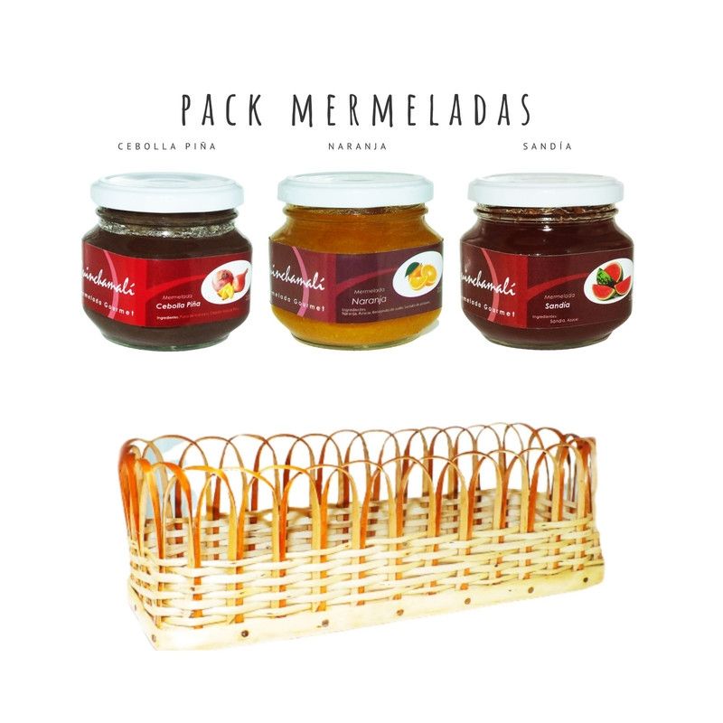 QUINCHAMALI MERMELADA GOURMET - Pack Cebolla piña Naranja Sandía en cesta de mimbre