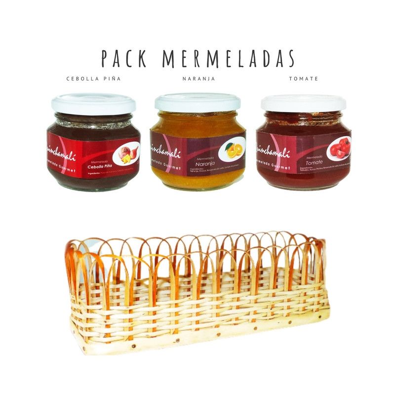 QUINCHAMALI MERMELADA GOURMET - Pack Cebolla piña Naranja Tomate en cesta de mimbre