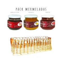 QUINCHAMALI MERMELADA GOURMET - Pack Cebolla piña Naranja Tomate en cesta de mimbre