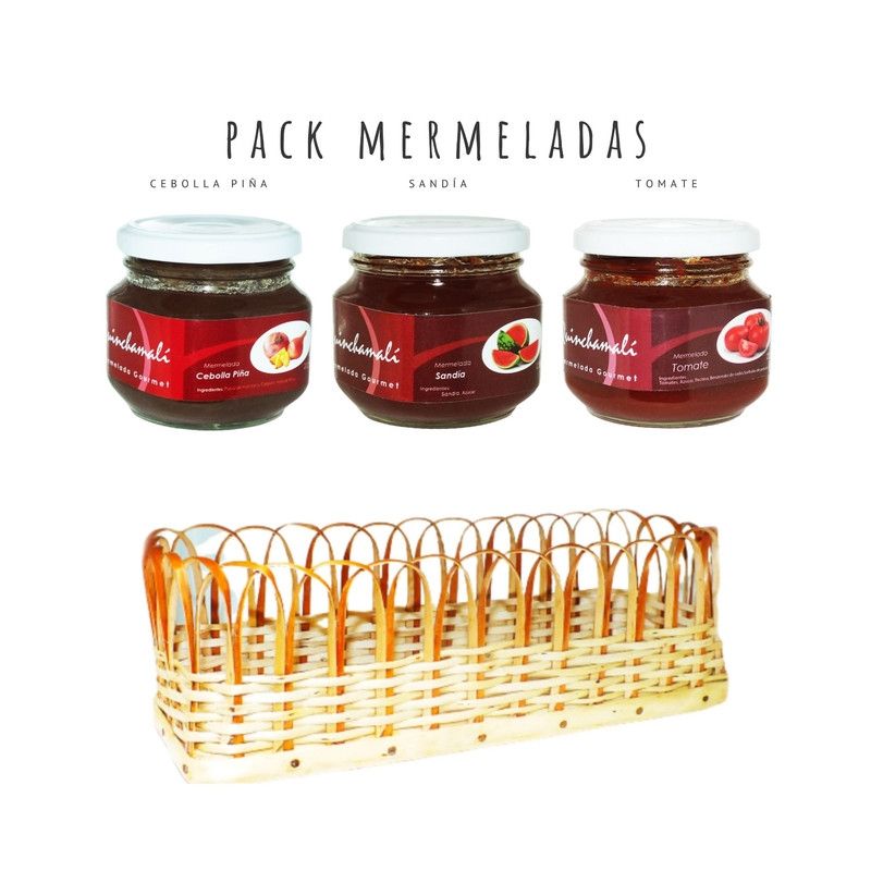 QUINCHAMALI MERMELADA GOURMET - Pack Cebolla piña Sandía Tomate en cesta de mimbre