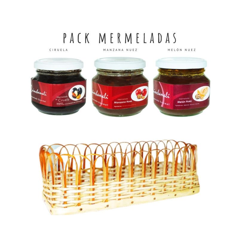 QUINCHAMALI MERMELADA GOURMET - Pack Ciruela Manzana nuez Melón nuez en cesta de mimbre