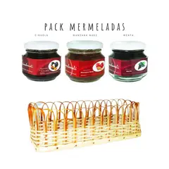 QUINCHAMALI MERMELADA GOURMET - Pack Ciruela Manzana nuez Menta en cesta de mimbre