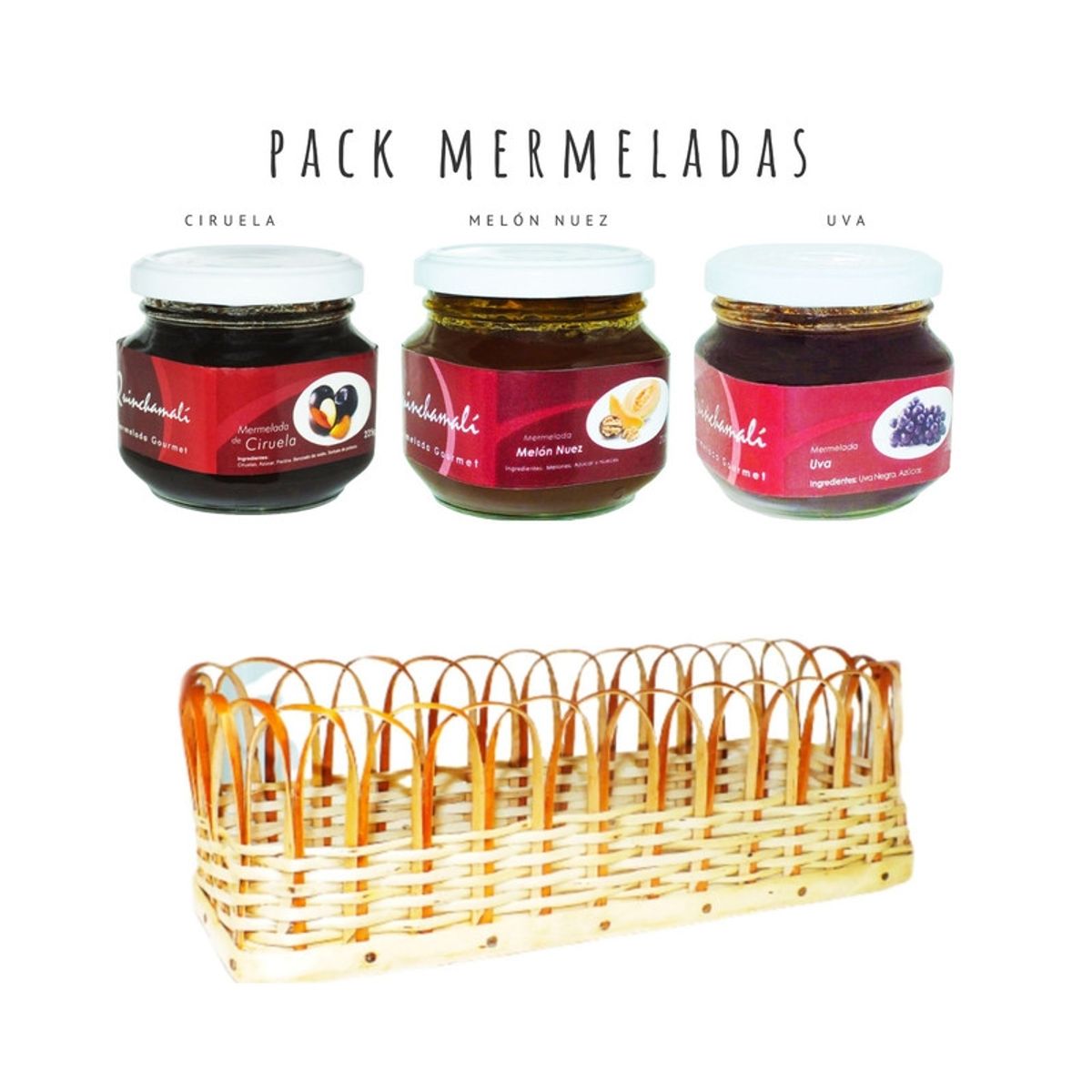 QUINCHAMALI MERMELADA GOURMET - Pack Ciruela Melón nuez Uva en cesta de mimbre