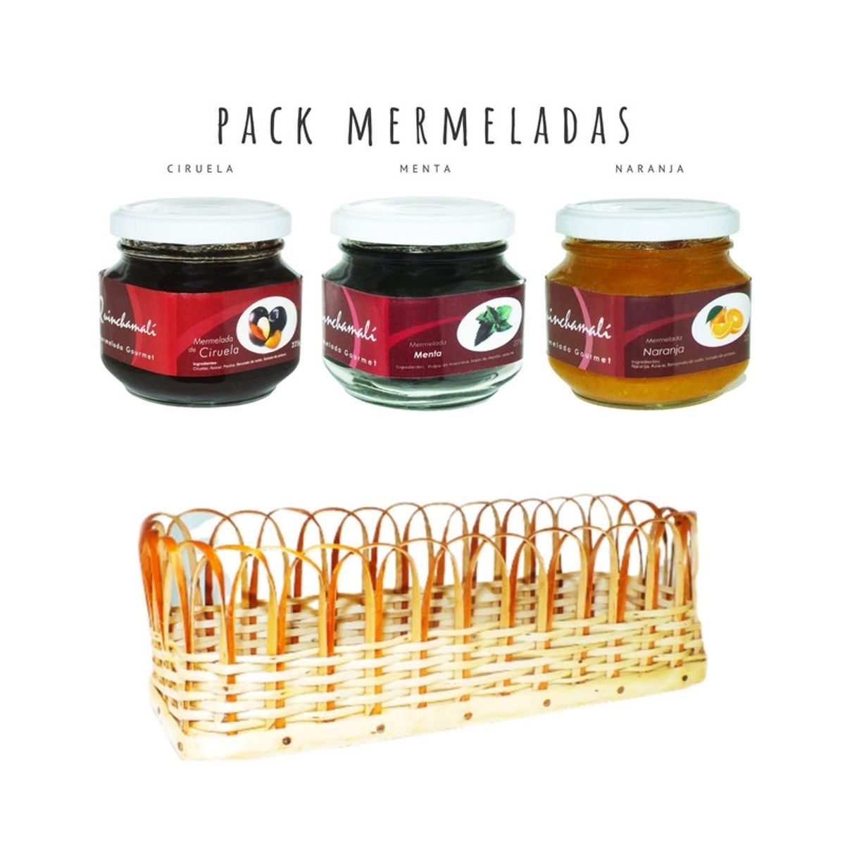 QUINCHAMALI MERMELADA GOURMET - Pack Ciruela Menta Naranja en cesta de mimbre