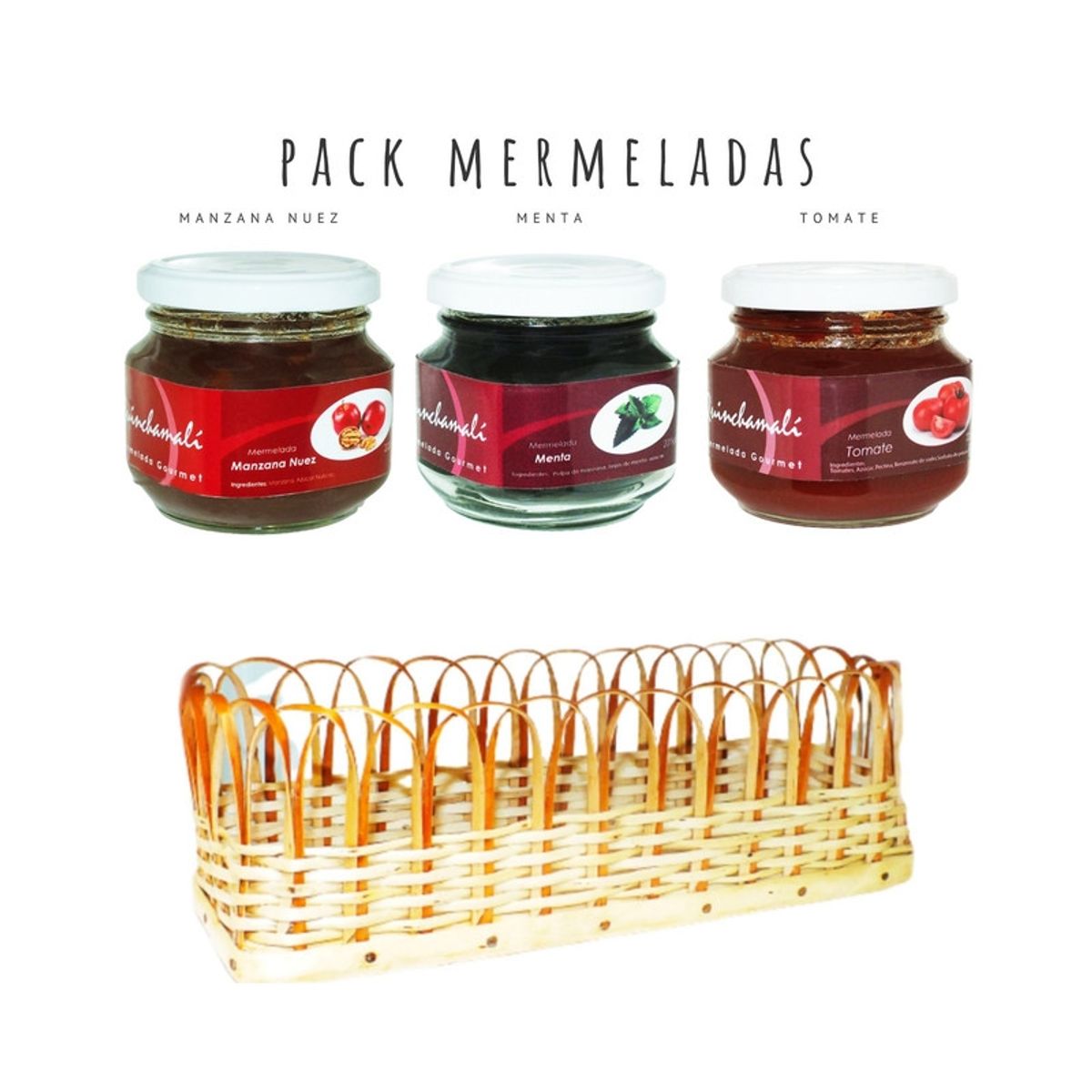 QUINCHAMALI MERMELADA GOURMET - Pack Manzana nuez Menta Tomate en cesta de mimbre