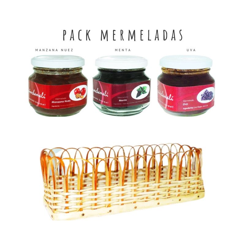 QUINCHAMALI MERMELADA GOURMET - Pack Manzana nuez Menta Uva en cesta de mimbre