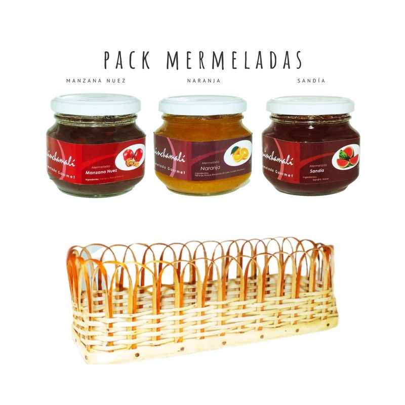 QUINCHAMALI MERMELADA GOURMET - Pack Manzana nuez Naranja Sandía en cesta de mimbre