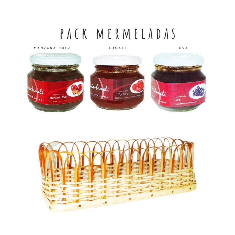 QUINCHAMALI MERMELADA GOURMET - Pack Manzana nuez Tomate Uva en cesta de mimbre