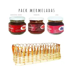 QUINCHAMALI MERMELADA GOURMET - Pack Manzana nuez Tomate Uva en cesta de mimbre