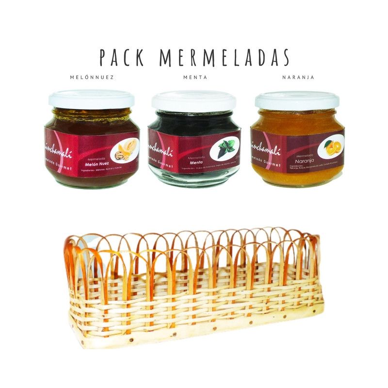 QUINCHAMALI MERMELADA GOURMET - Pack Melón nuez Menta Naranja en cesta de mimbre