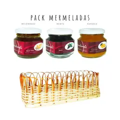 QUINCHAMALI MERMELADA GOURMET - Pack Melón nuez Menta Naranja en cesta de mimbre