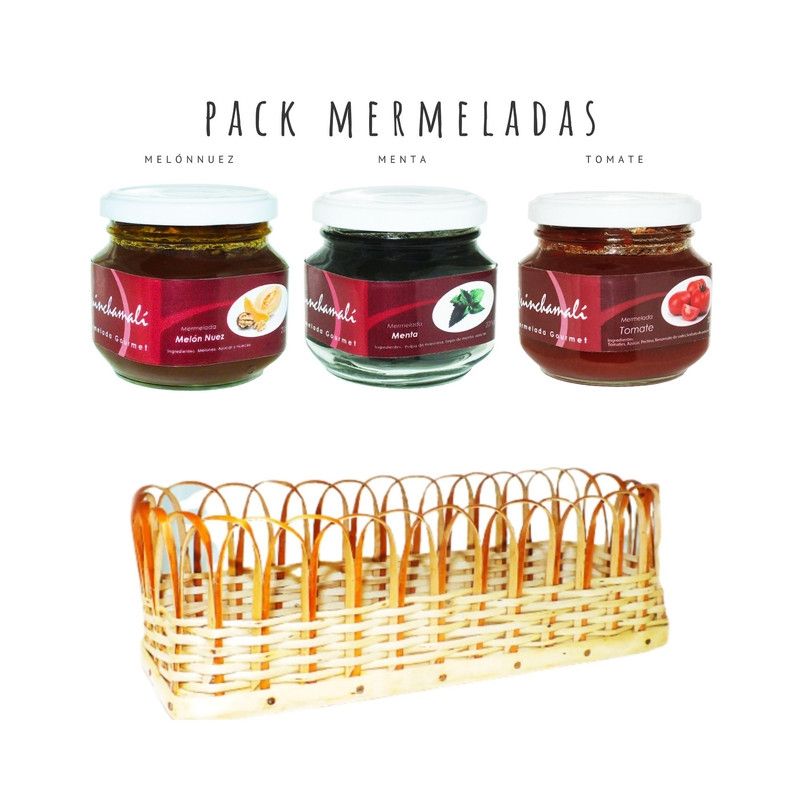 QUINCHAMALI MERMELADA GOURMET - Pack Melón nuez Menta Tomate en cesta de mimbre
