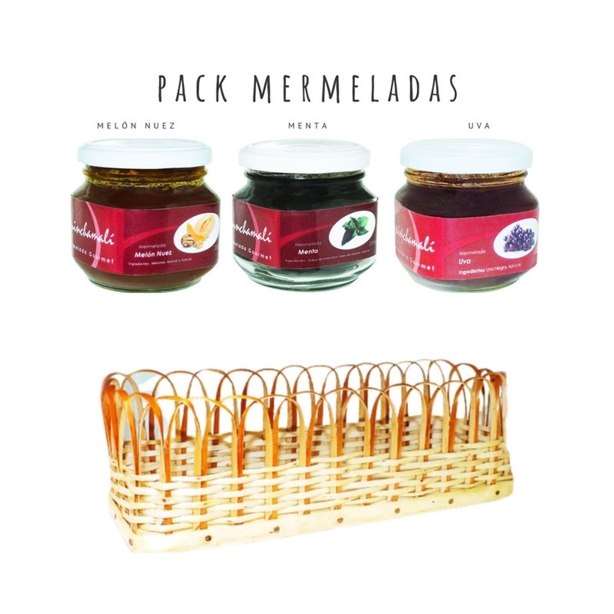 QUINCHAMALI MERMELADA GOURMET - Pack Melón nuez Menta Uva en cesta de mimbre