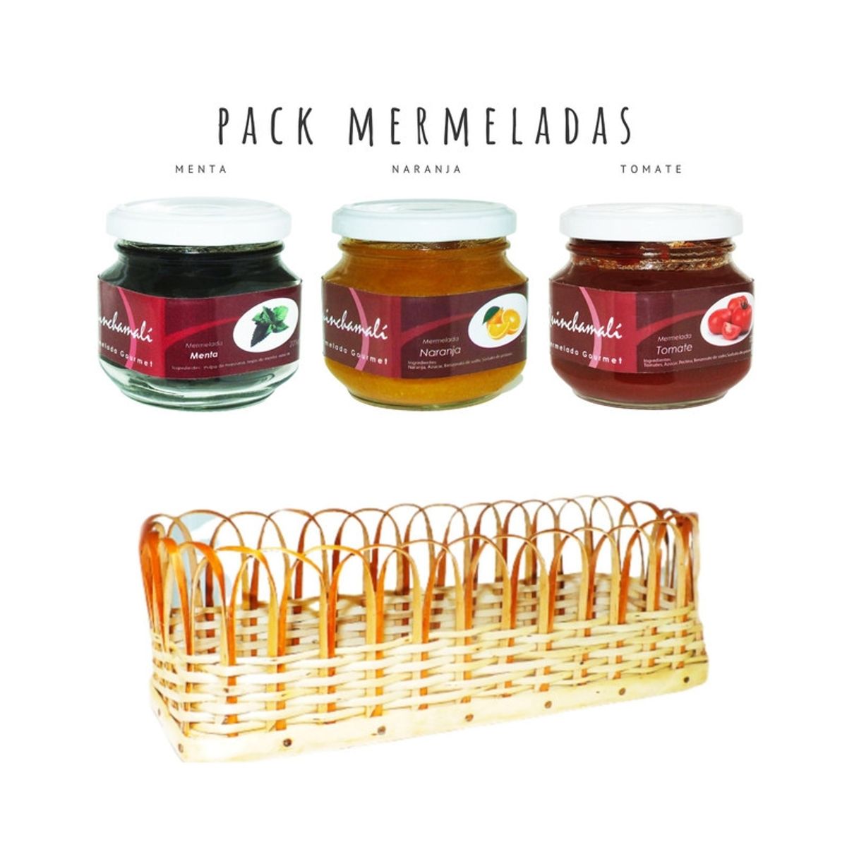 QUINCHAMALI MERMELADA GOURMET - Pack Menta Naranja Tomate en cesta de mimbre